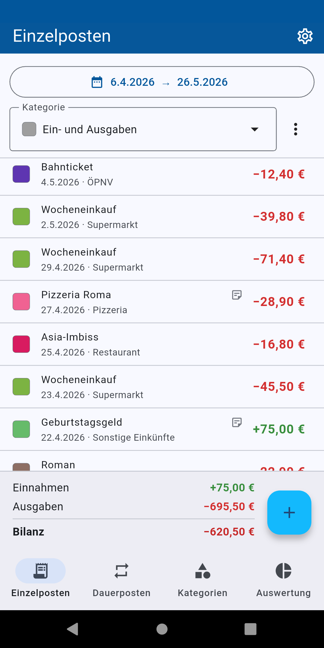 Einzelposten-Liste mit Einnahmen in Grün, Ausgaben in Rot und Bilanz-Zeile