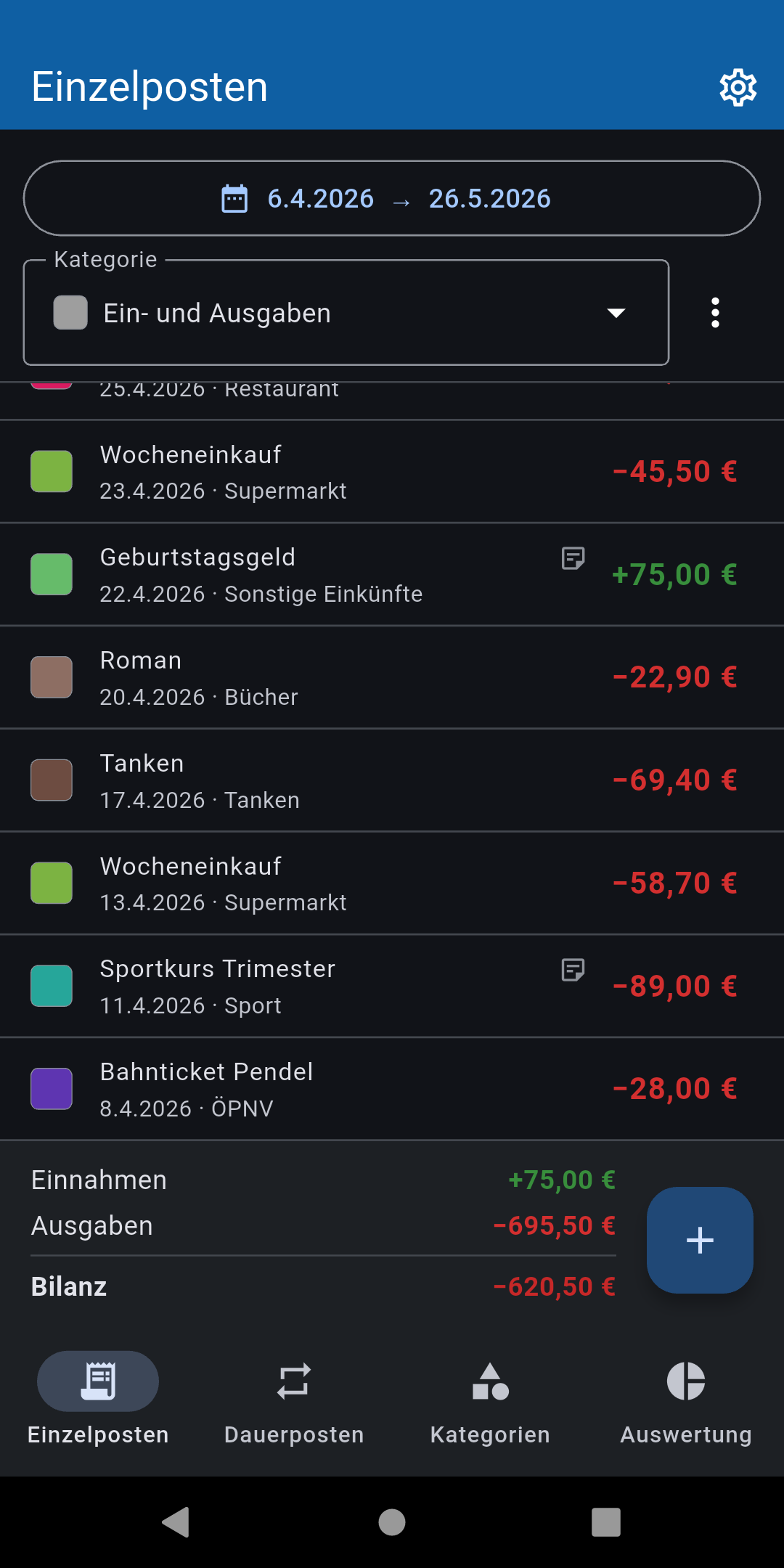 Einzelposten-Liste im dunklen Design